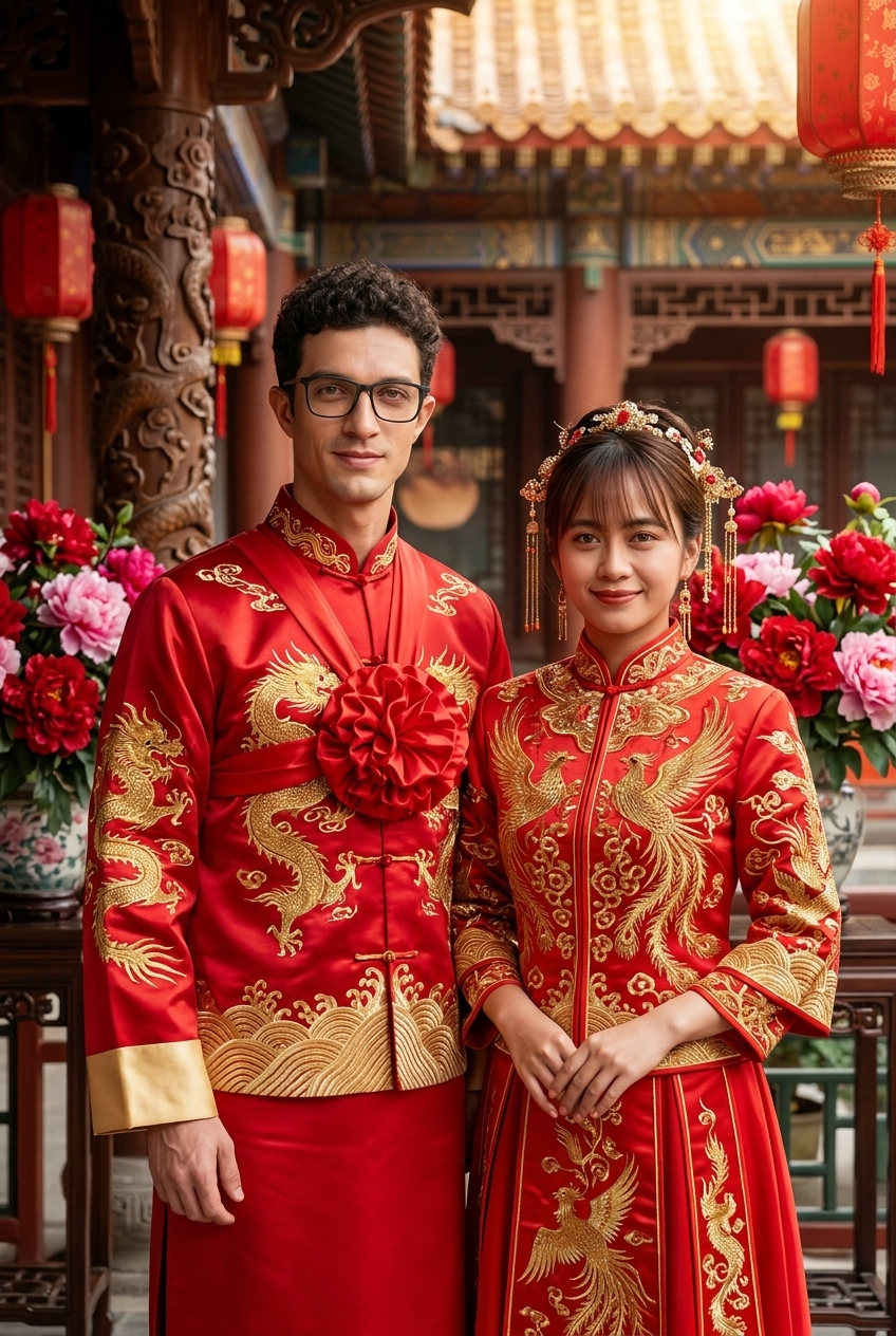 Chinese traditional wedding couple photo generated by AI